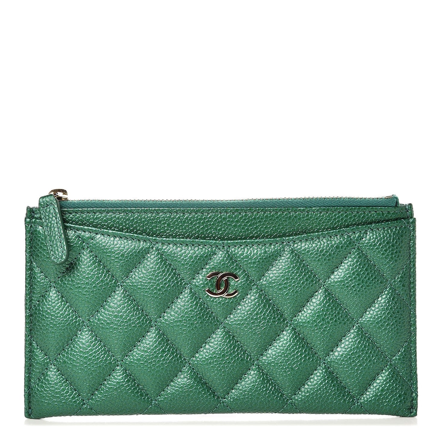 Metallic Caviar Quilted Classic Zip Pouch Green