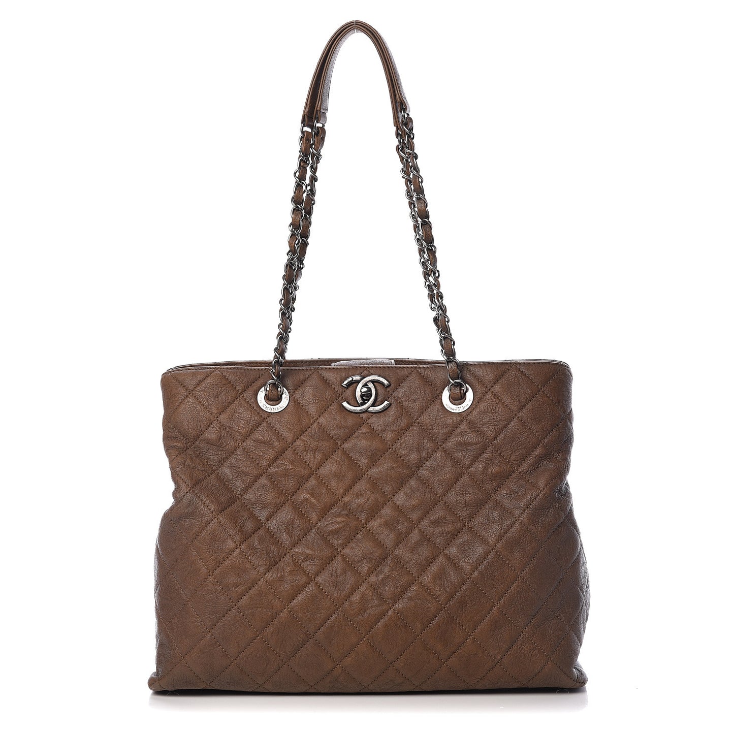 Crumpled Lambskin Quilted Large CC Shopping Tote Khaki
