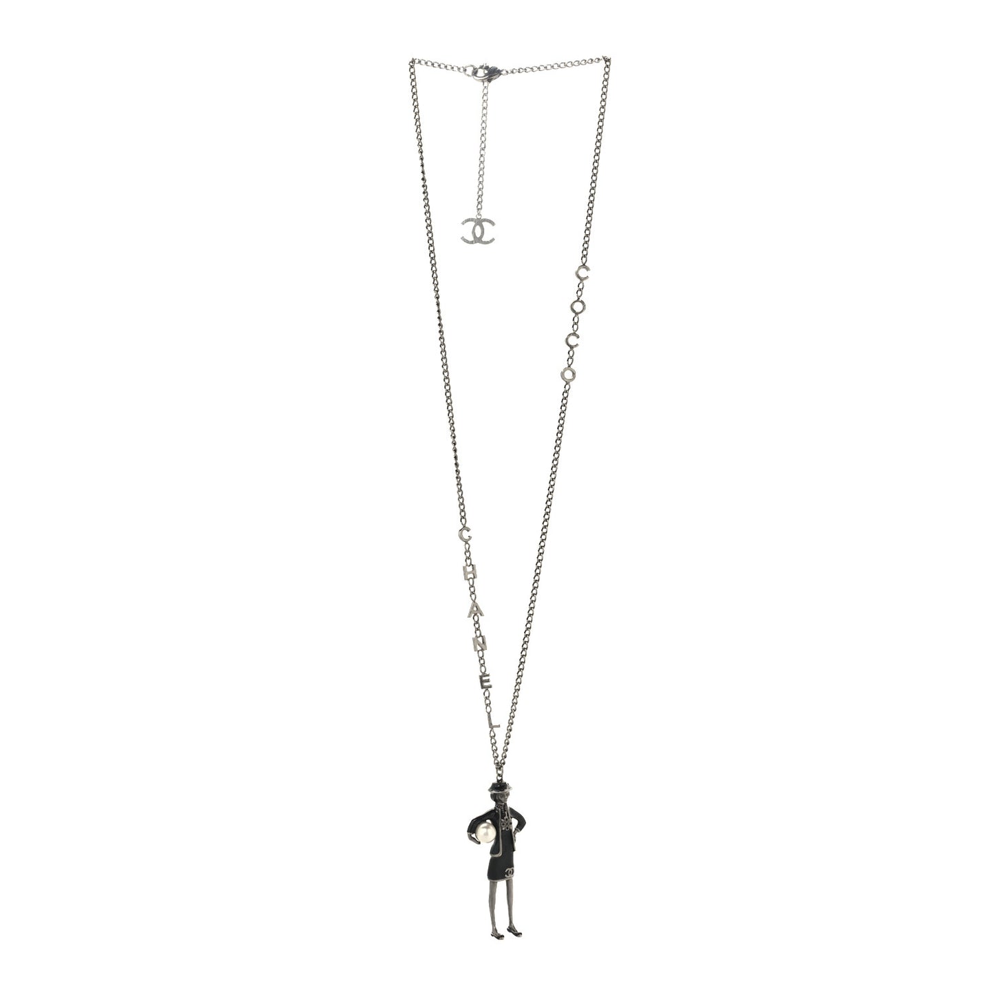 Black Enamel Pearl Ruthenium Madame Coco CC Pendant Necklace Black