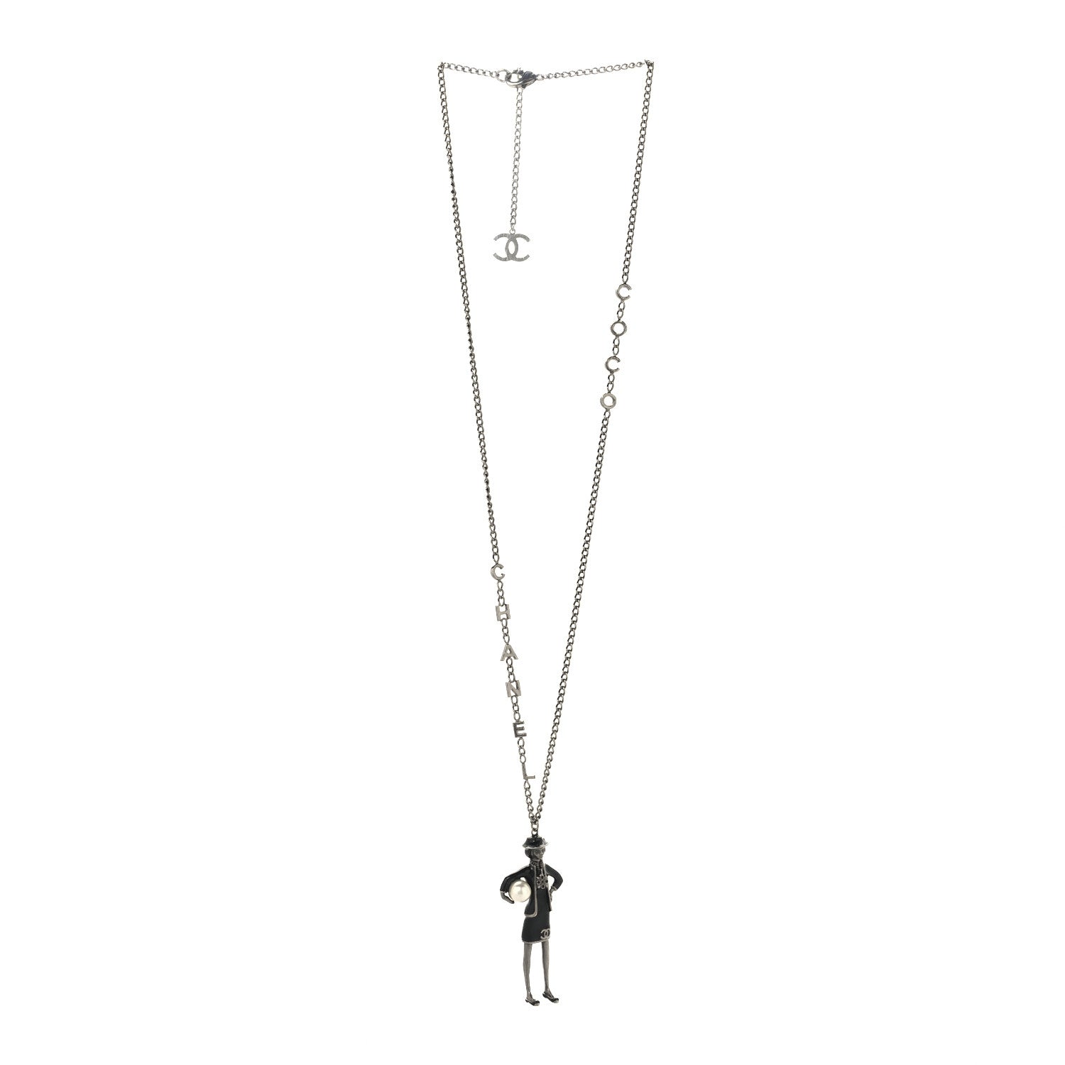 Chanel Black Enamel Pearl Ruthenium Madame Coco CC Pendant Necklace Black 3 of 4