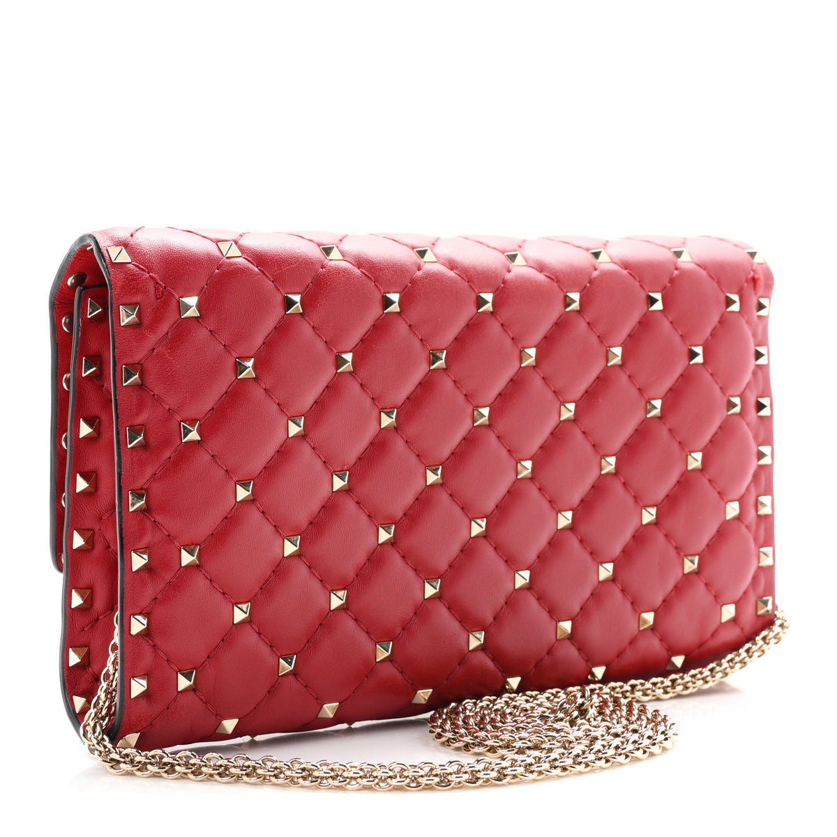Lambskin Rockstud Spike Wallet on Chain Red