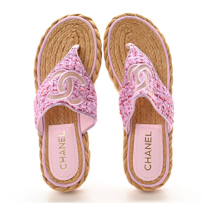Chanel Tweed Mesh Satin CC Thong Sandals 38.5 Light Purple Pink Red 2 of 9