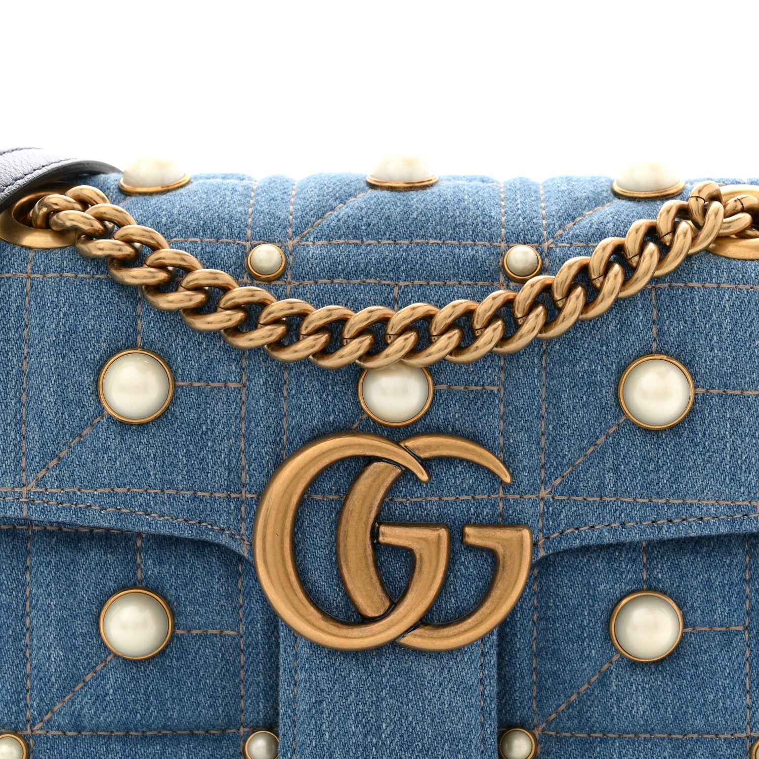 Gucci Denim Matelasse Pearl Studded Mini GG Marmont Shoulder Bag Blue 8 of 10