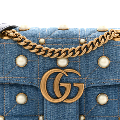Gucci Denim Matelasse Pearl Studded Mini GG Marmont Shoulder Bag Blue 8 of 10