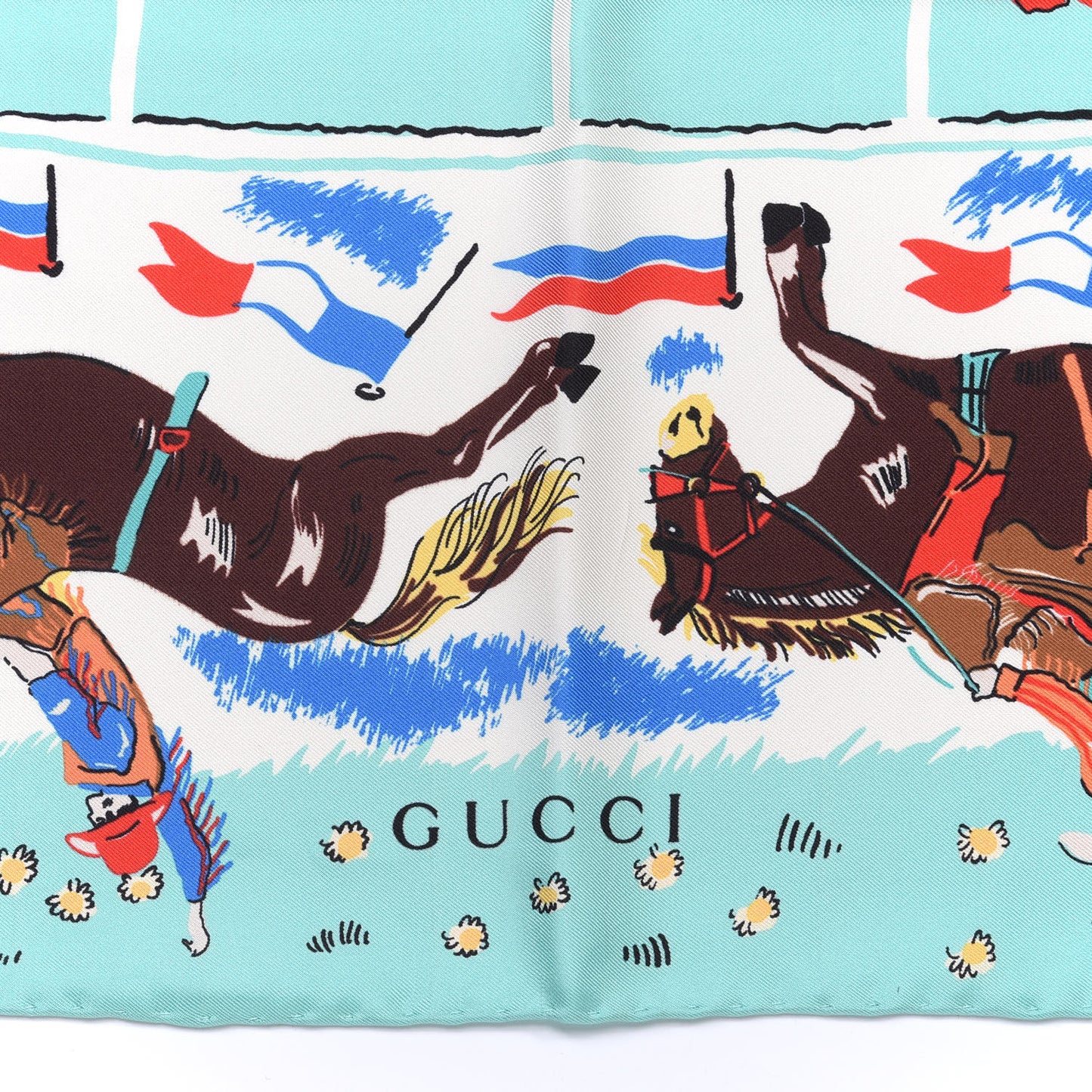 Silk Twill Rodeo Day Square Scarf Aqua Ivory
