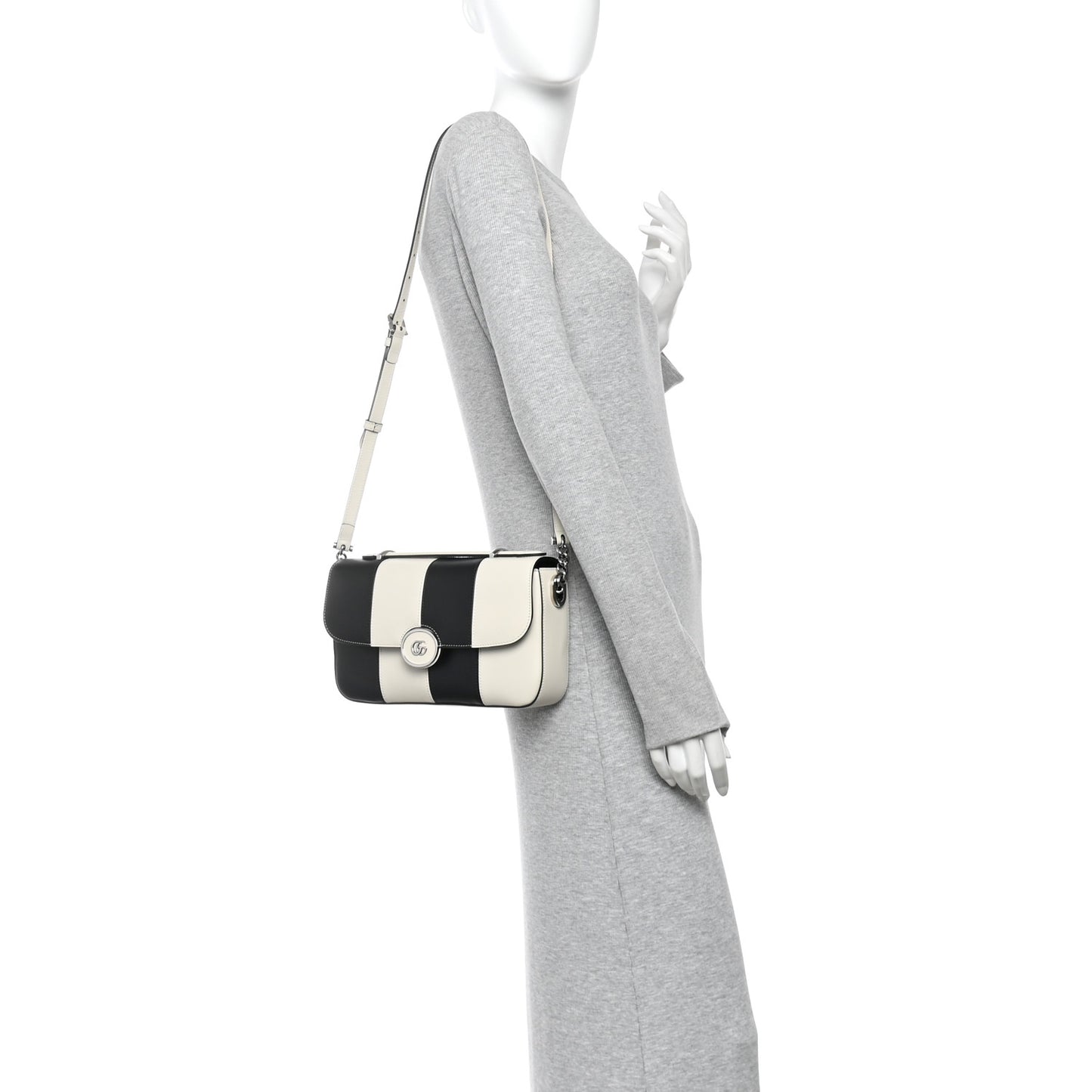Senna Calfskin Lines Petite GG Top Handle Shoulder Bag Black Mystic White