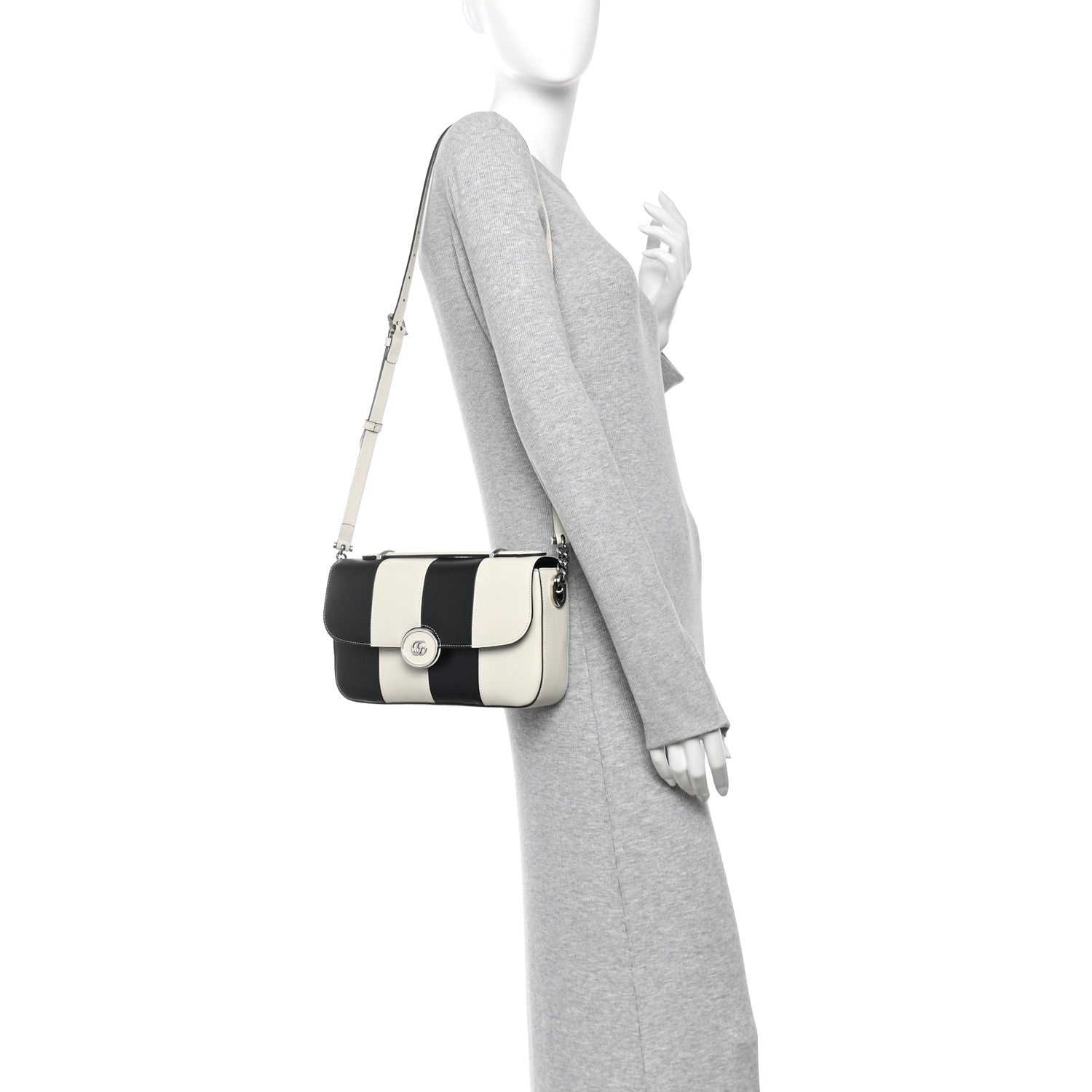 Gucci Senna Calfskin Lines Petite GG Top Handle Shoulder Bag Black Mystic White 2 of 10