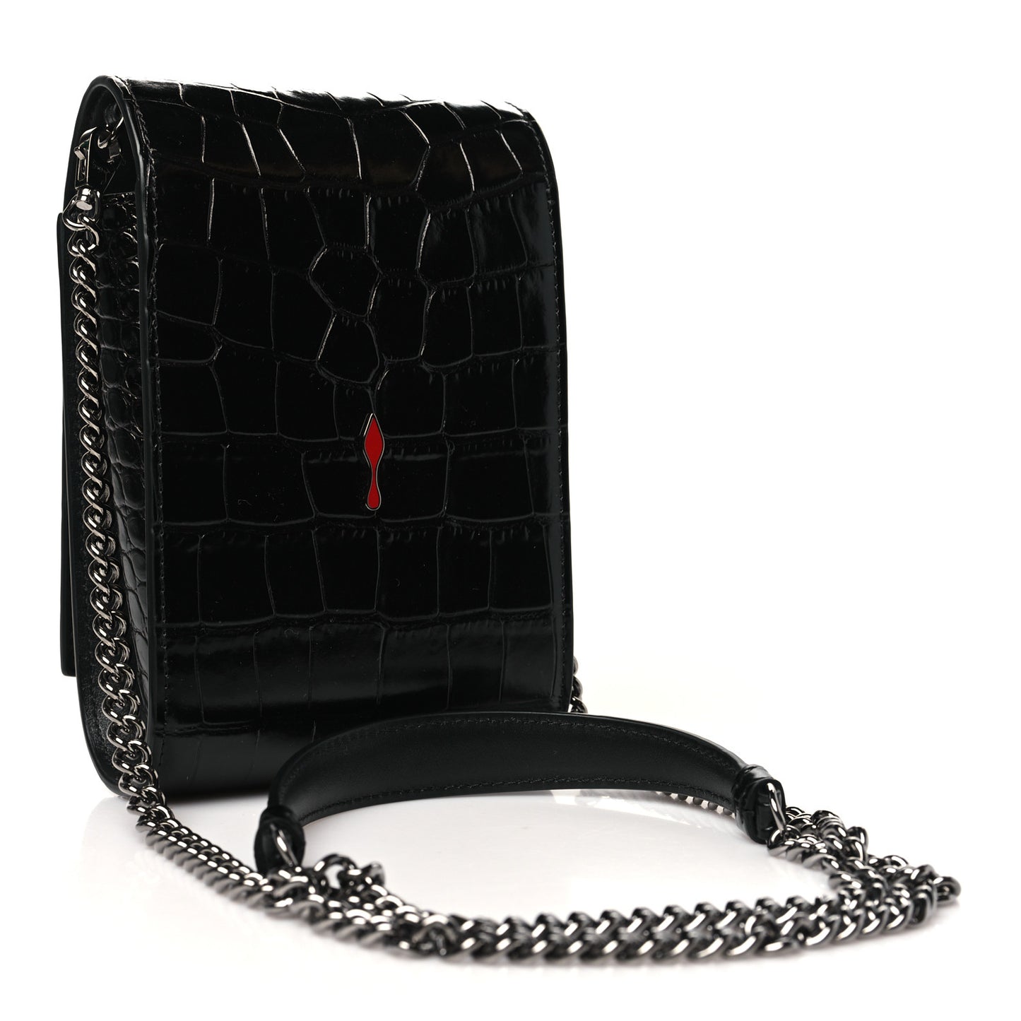 Crocodile Embossed Calfskin Spikes Loubinthesky Paloma Crossbody Phone Case Black