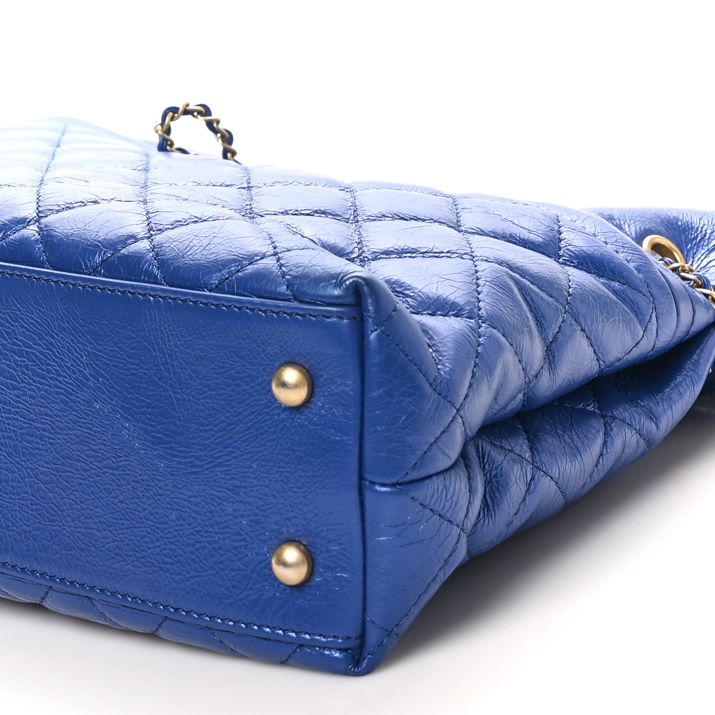Metallic Aged Calfskin Quilted Drawstring Shopping Tote Blue