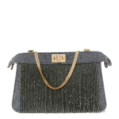 Fendi Flannel Bead Embroidered Small Peekaboo I SEE U East West Chain Satchel Grigio Bois de Rose 1 of 10