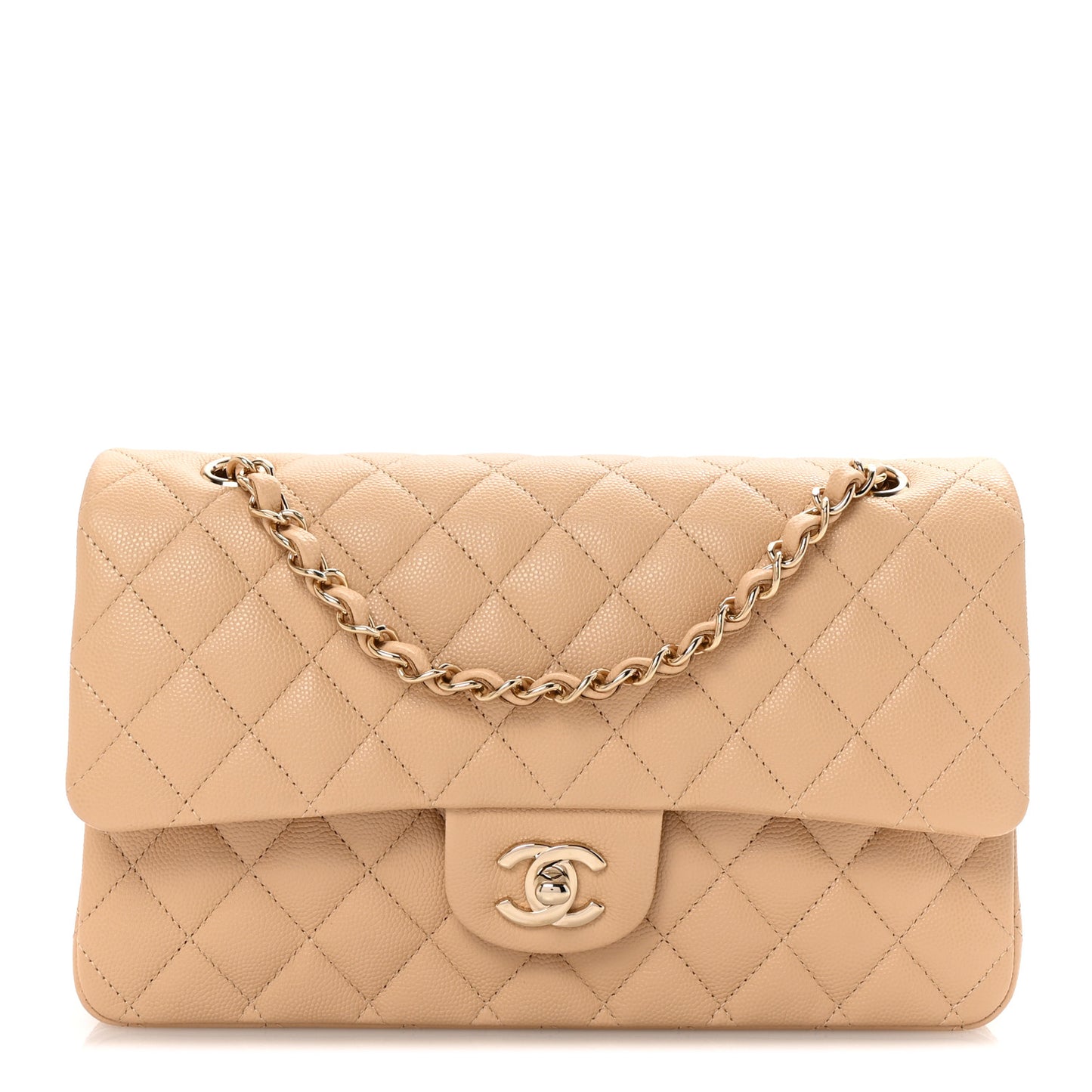 Caviar Quilted Medium Double Flap Beige