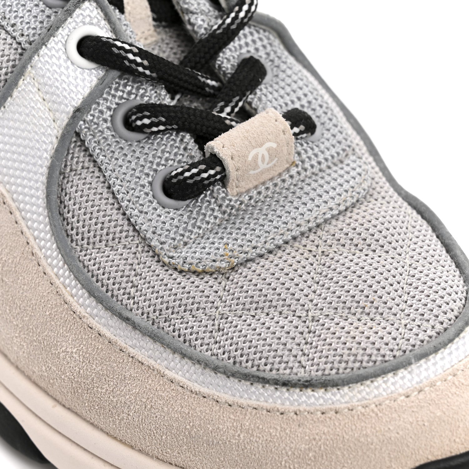 Chanel Nylon Calfskin Suede Womens CC Sneakers 36.5 Grey White 12 of 13