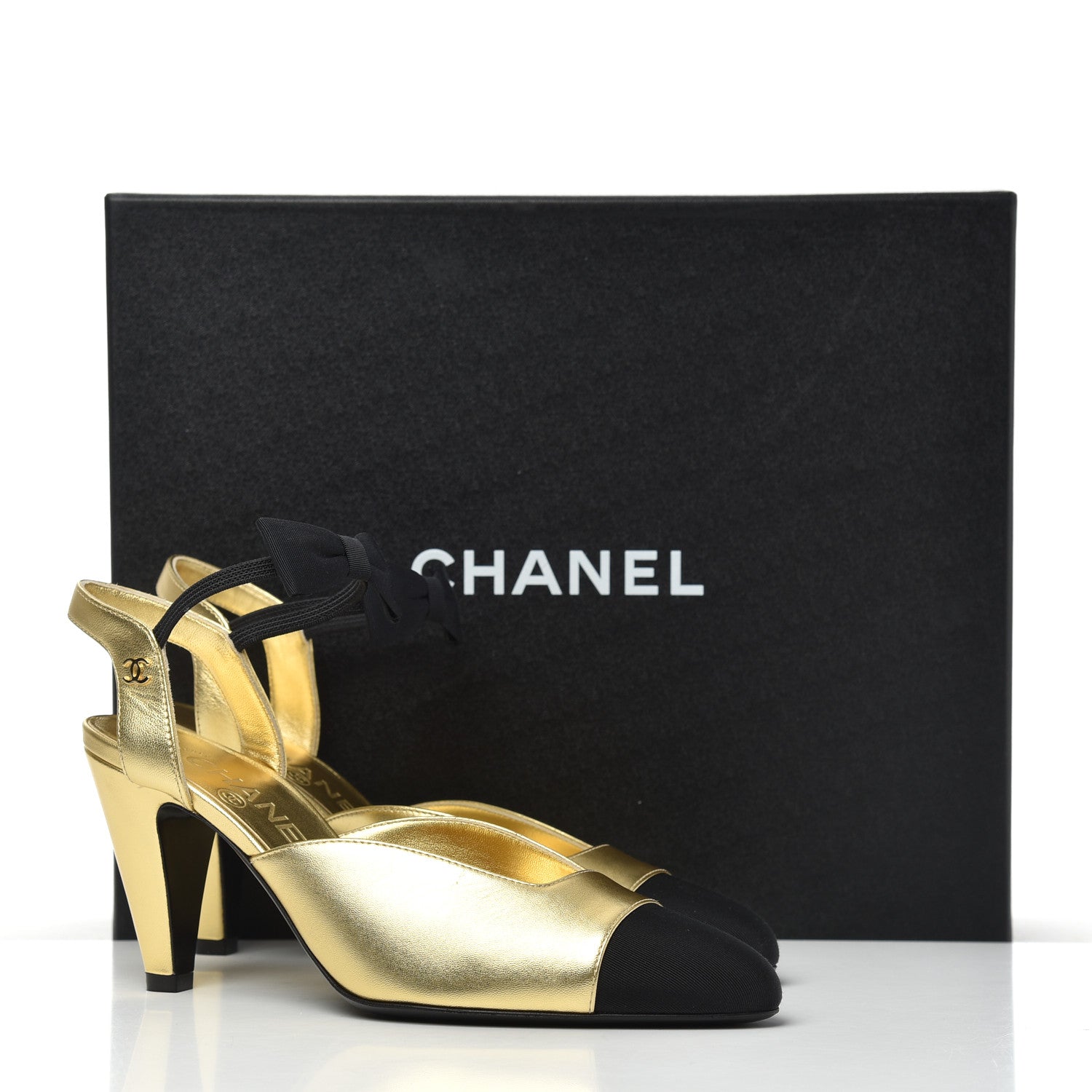 Chanel Laminated Lambskin Grosgrain Cap Toe CC Pumps 36 Gold Black 9 of 9