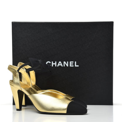Chanel Laminated Lambskin Grosgrain Cap Toe CC Pumps 36 Gold Black 9 of 9