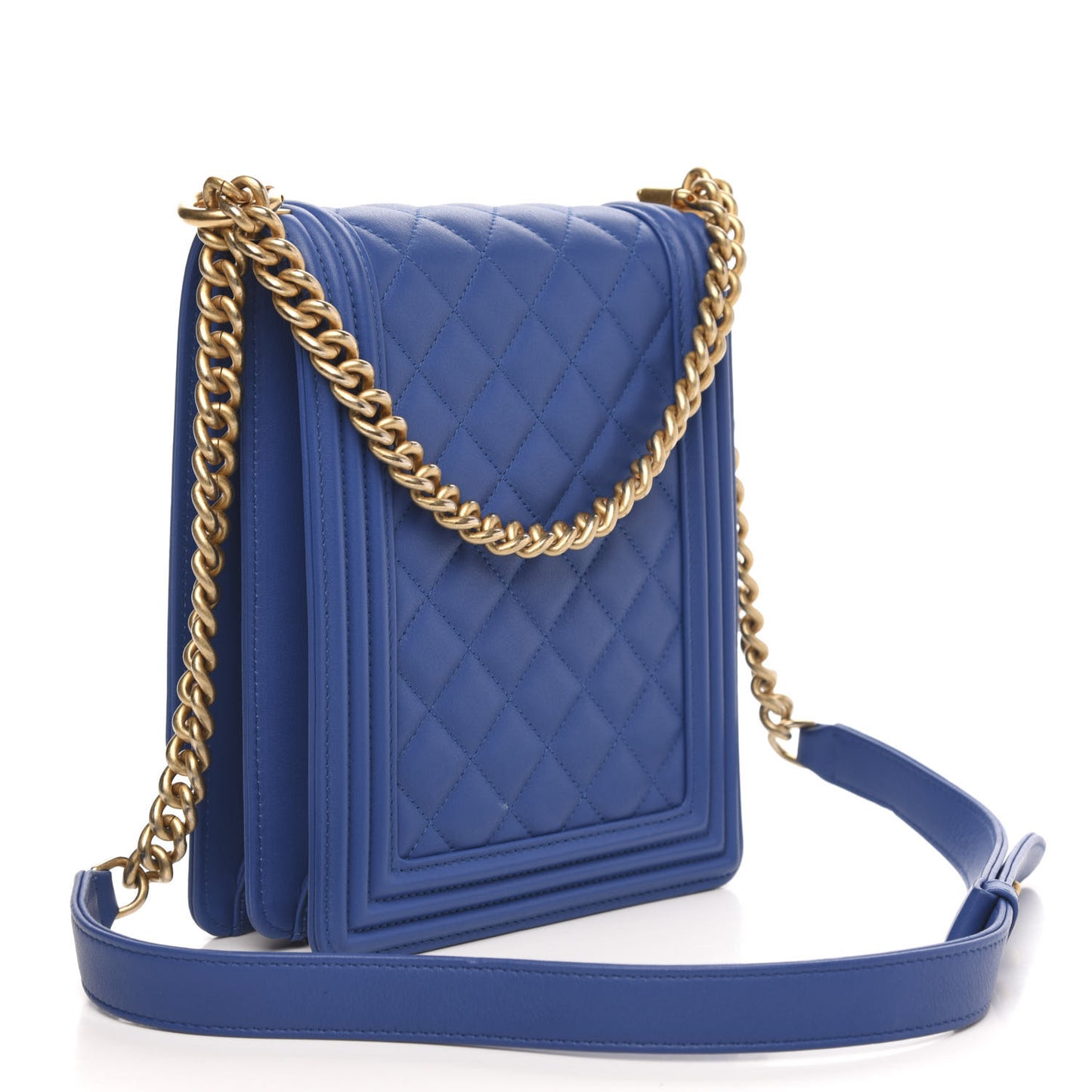 Calfskin Quilted North South Boy Flap Blue
