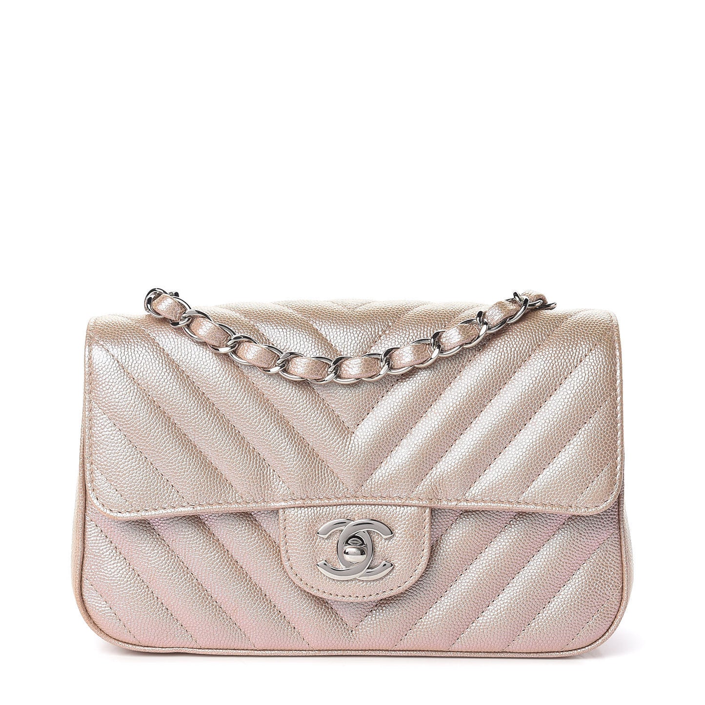 Iridescent Caviar Chevron Quilted Mini Rectangular Flap Light Gold