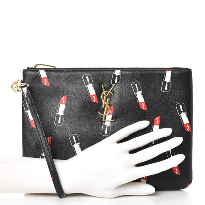 Saint Laurent Calfskin Lipstick Print Monogram Pouch Black 2 of 8