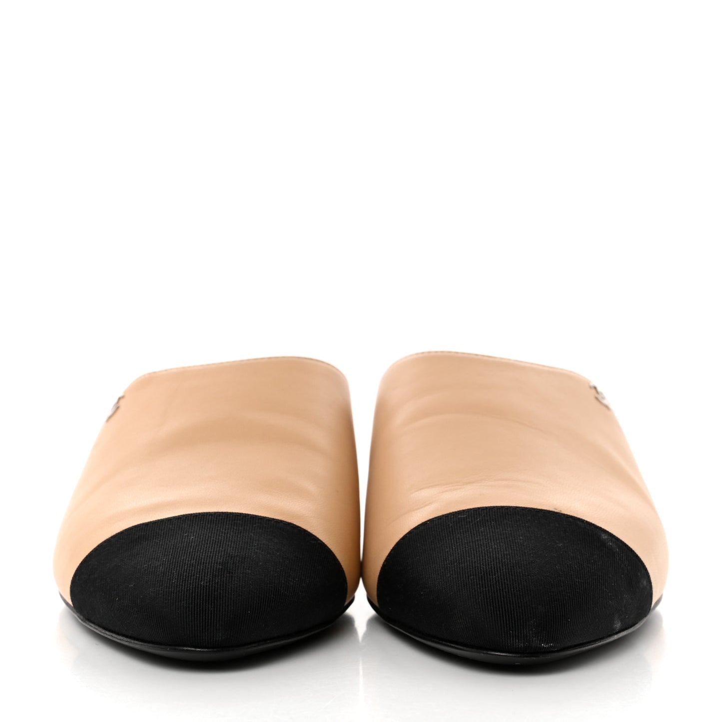 Lambskin Grosgrain Cap Toe CC Mules 38.5 Beige Black