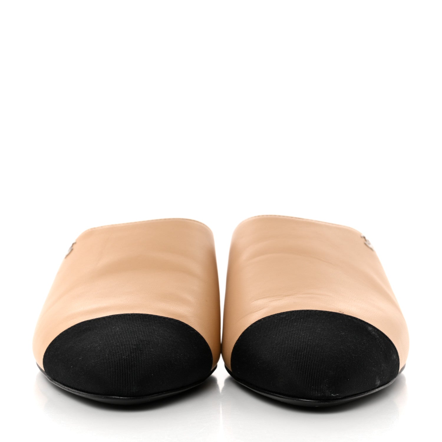 Chanel Lambskin Grosgrain Cap Toe CC Mules 38.5 Beige Black 2 of 8