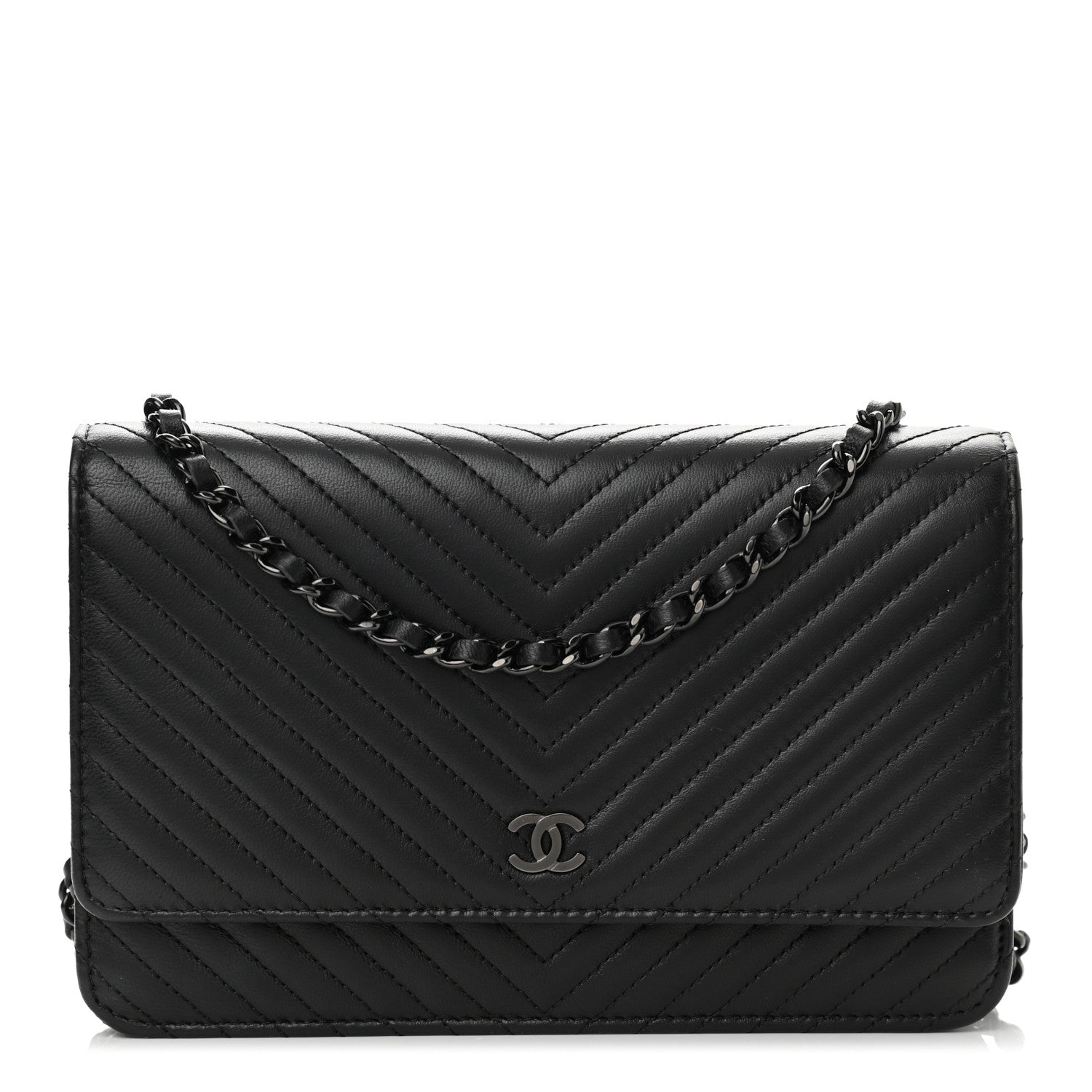 Chanel Lambskin Chevron Quilted Wallet On Chain WOC So Black 1 of 14