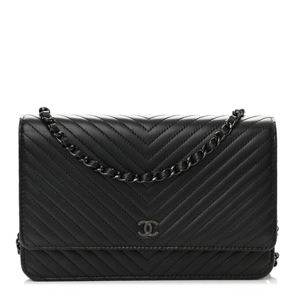 Chanel Lambskin Chevron Quilted Wallet On Chain WOC So Black 1 of 14