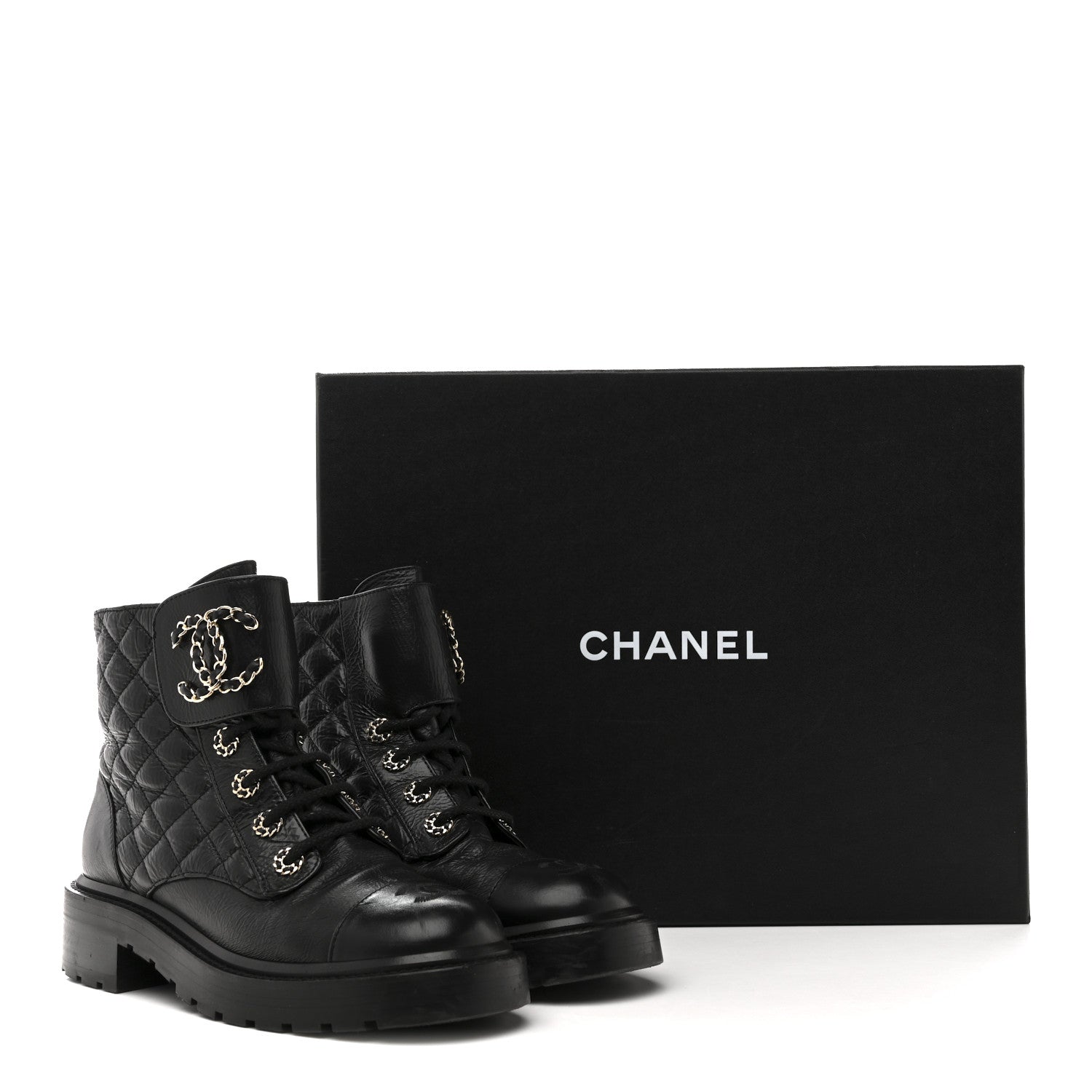 Chanel Shiny Goatskin Calfskin Quilted Lace Up Combat Boots 37 Black 10 of 10