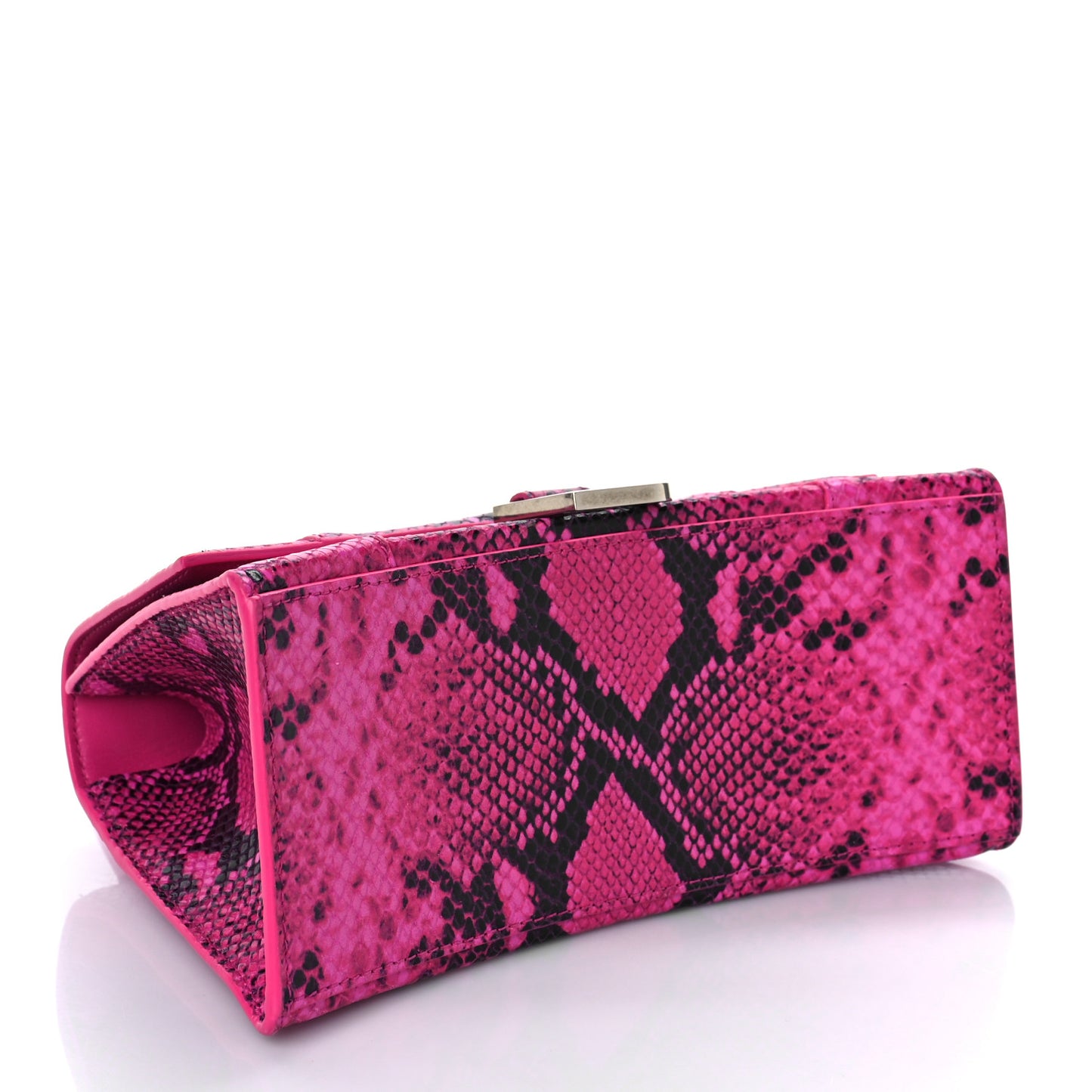 Shiny Calfskin Python Effect Small Hourglass Top Handle Bag Fuchsia Black