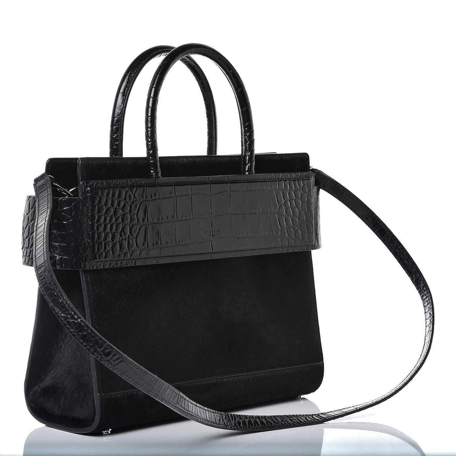 Givenchy Calf Hair Calfskin Crocodile Embossed Small Horizon Satchel Black 3 of 6