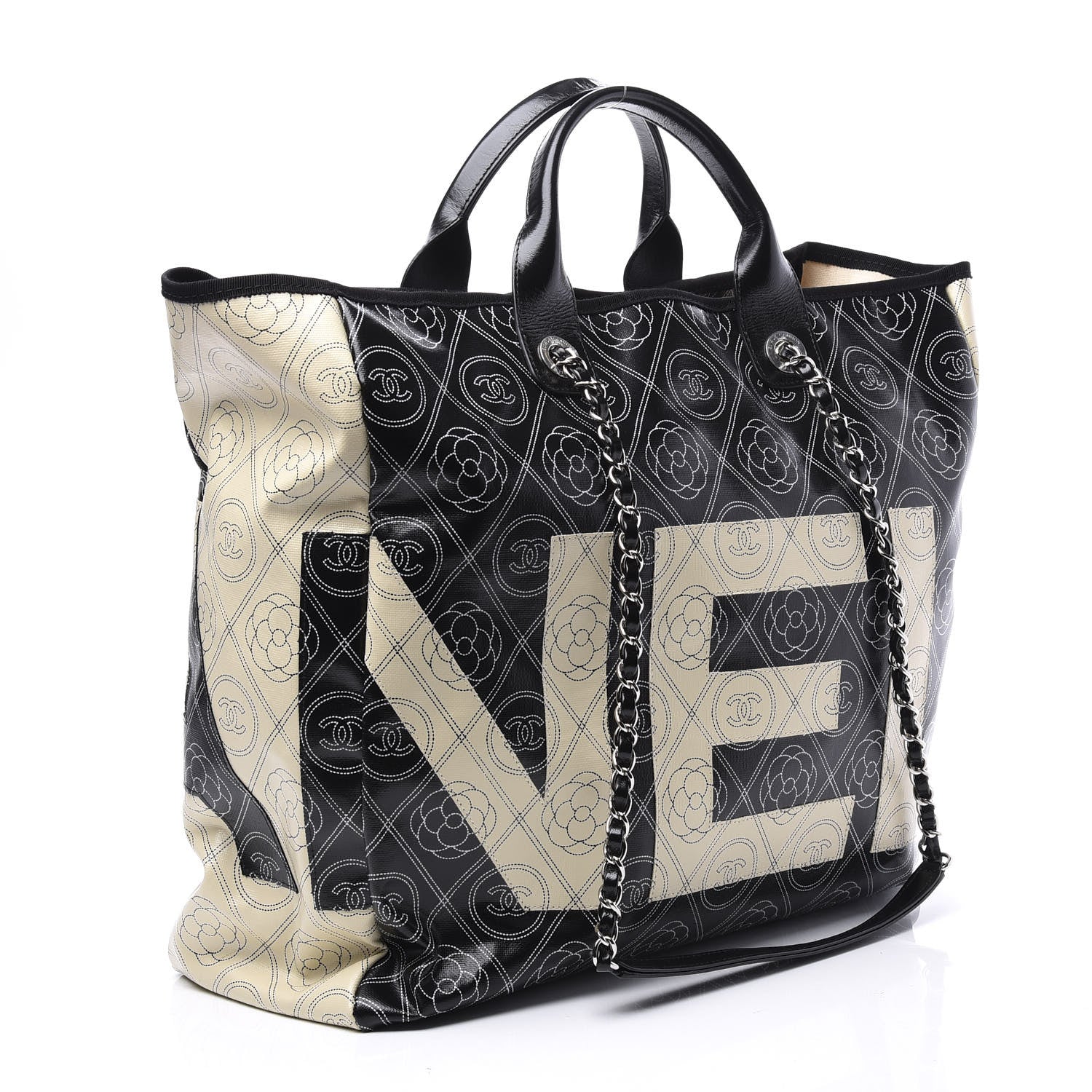 Chanel Coated Canvas Camellia Medium Shopping Tote Black Beige 2 of 9