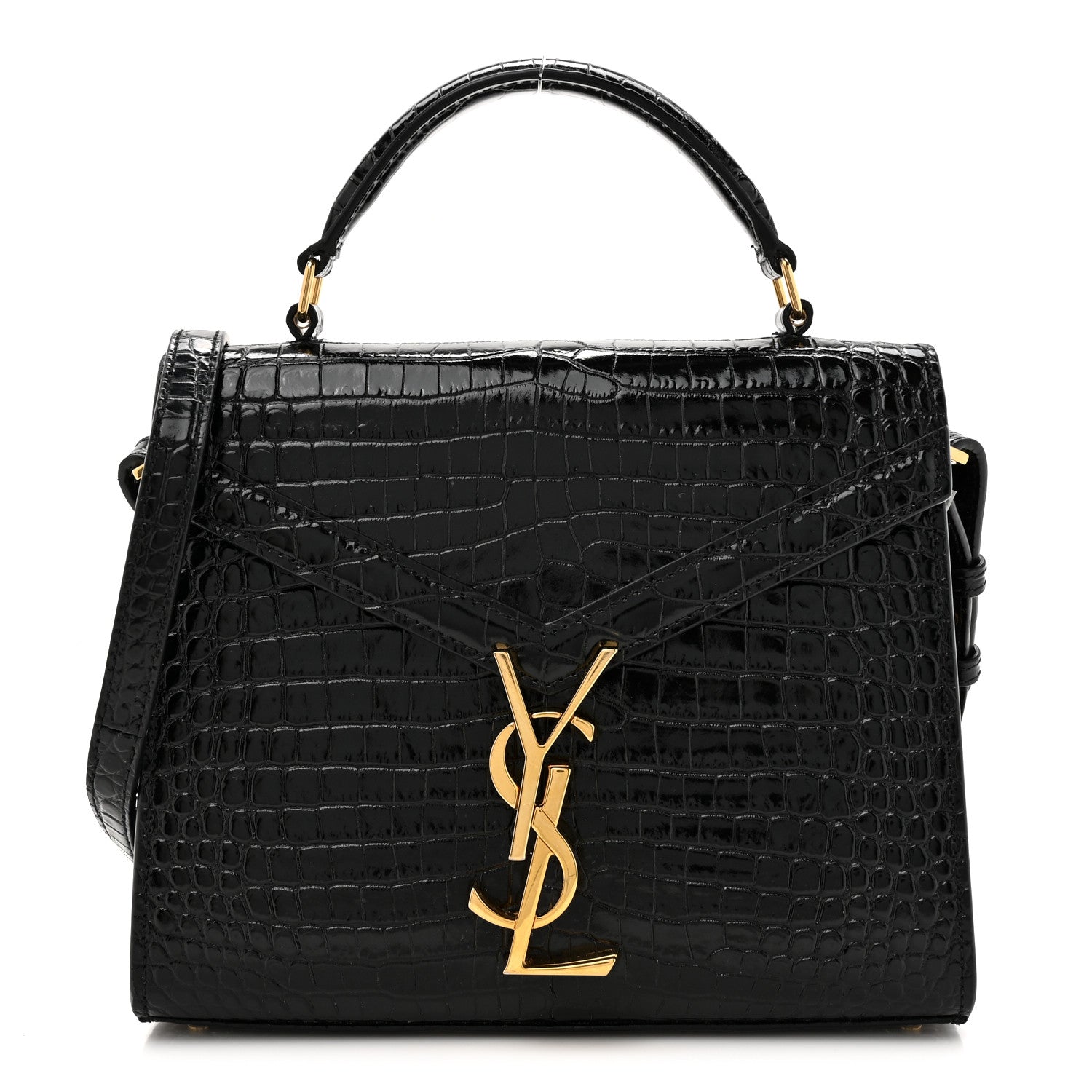 Saint Laurent Calfskin Crocodile Embossed Mini Classic Monogram Cassandra Top Handle Black 1 of 12