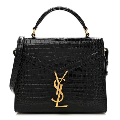 Saint Laurent Calfskin Crocodile Embossed Mini Classic Monogram Cassandra Top Handle Black 1 of 12