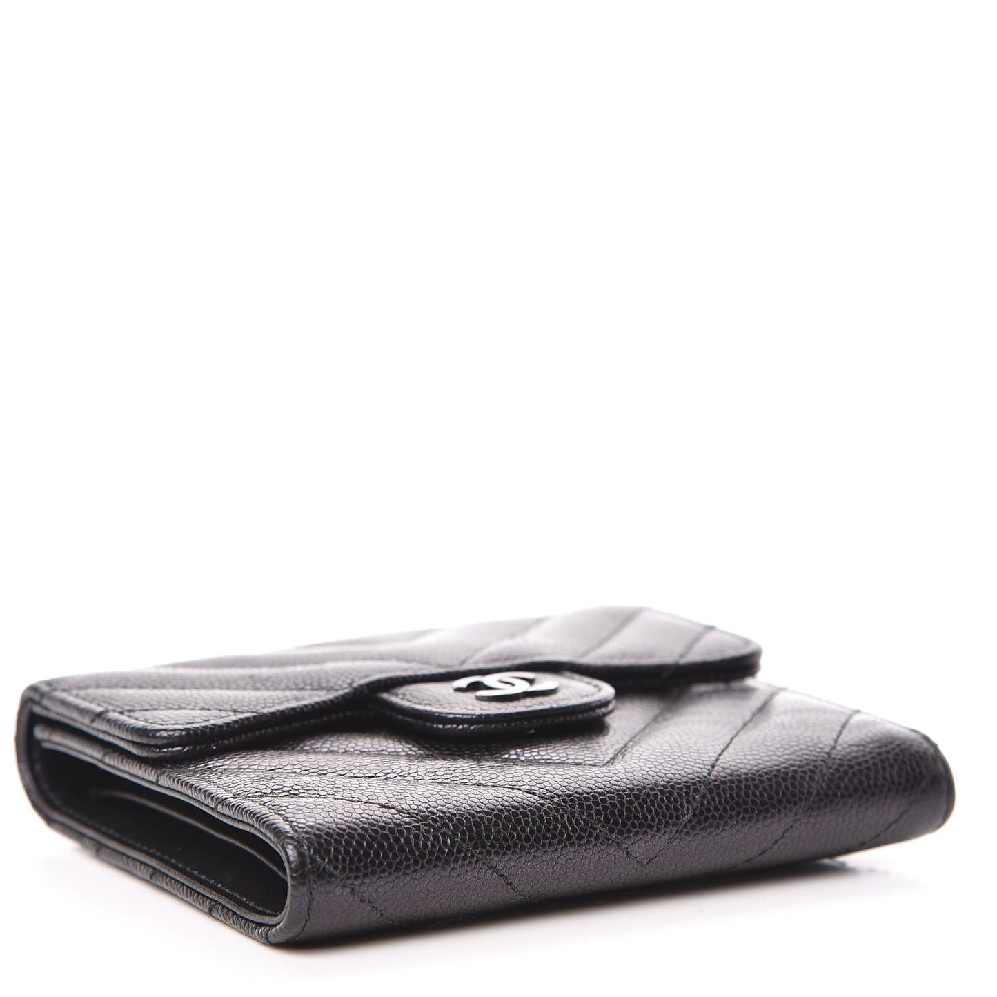 Iridescent Caviar Chevron Quilted Compact Flap Wallet Black