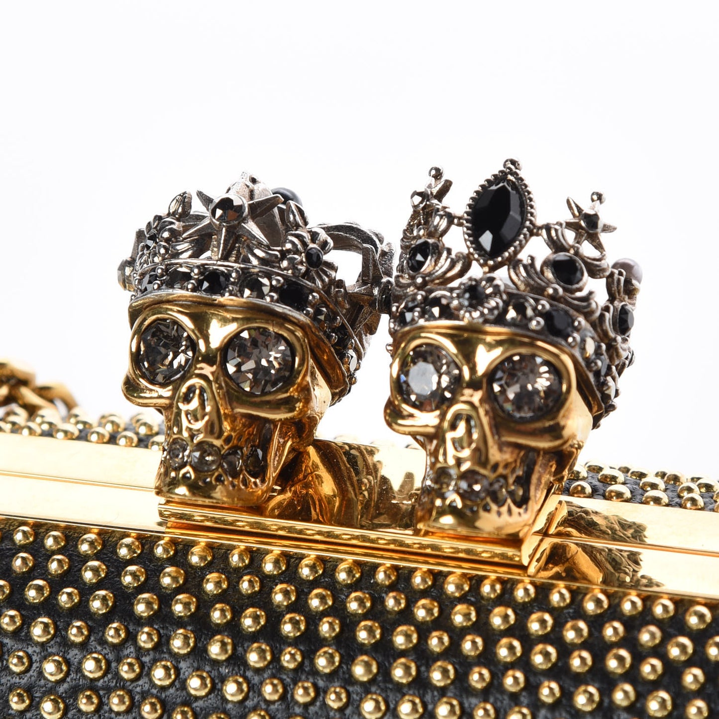 Crystal Nappa Queen and King Skull Box Chain Clutch Black Silver