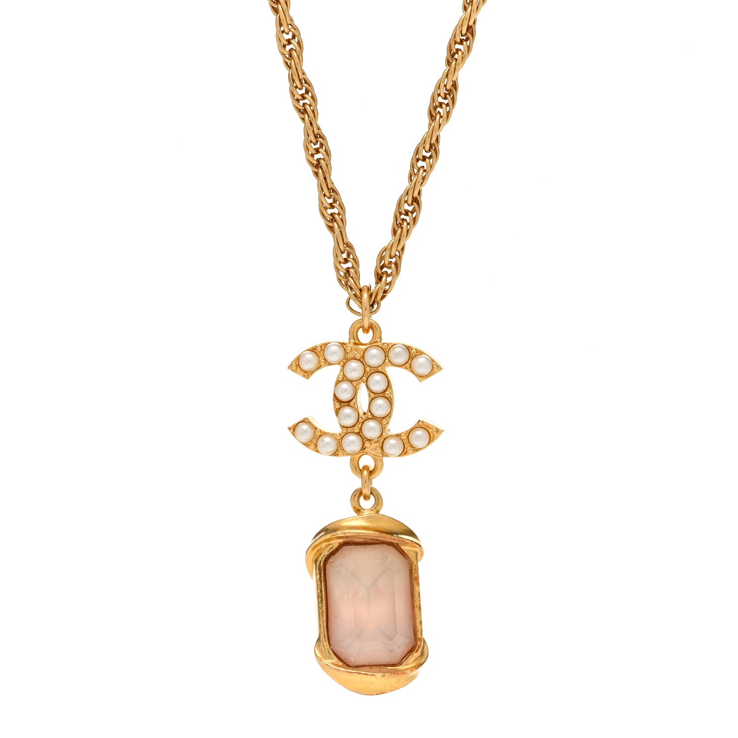 Chanel Pearl Crystal CC Pendant Necklace Gold Pink Pearly White 4 of 5