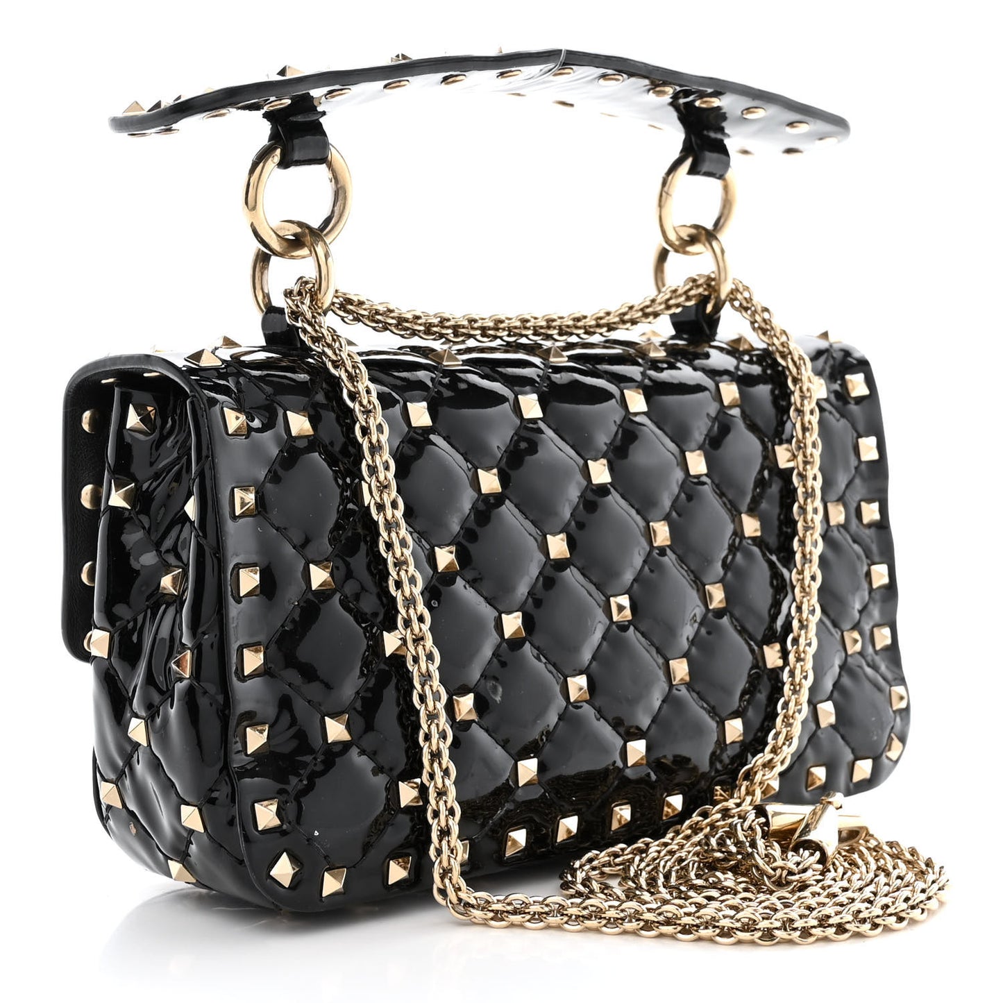 Patent Small Rockstud Spike Shoulder Bag Black