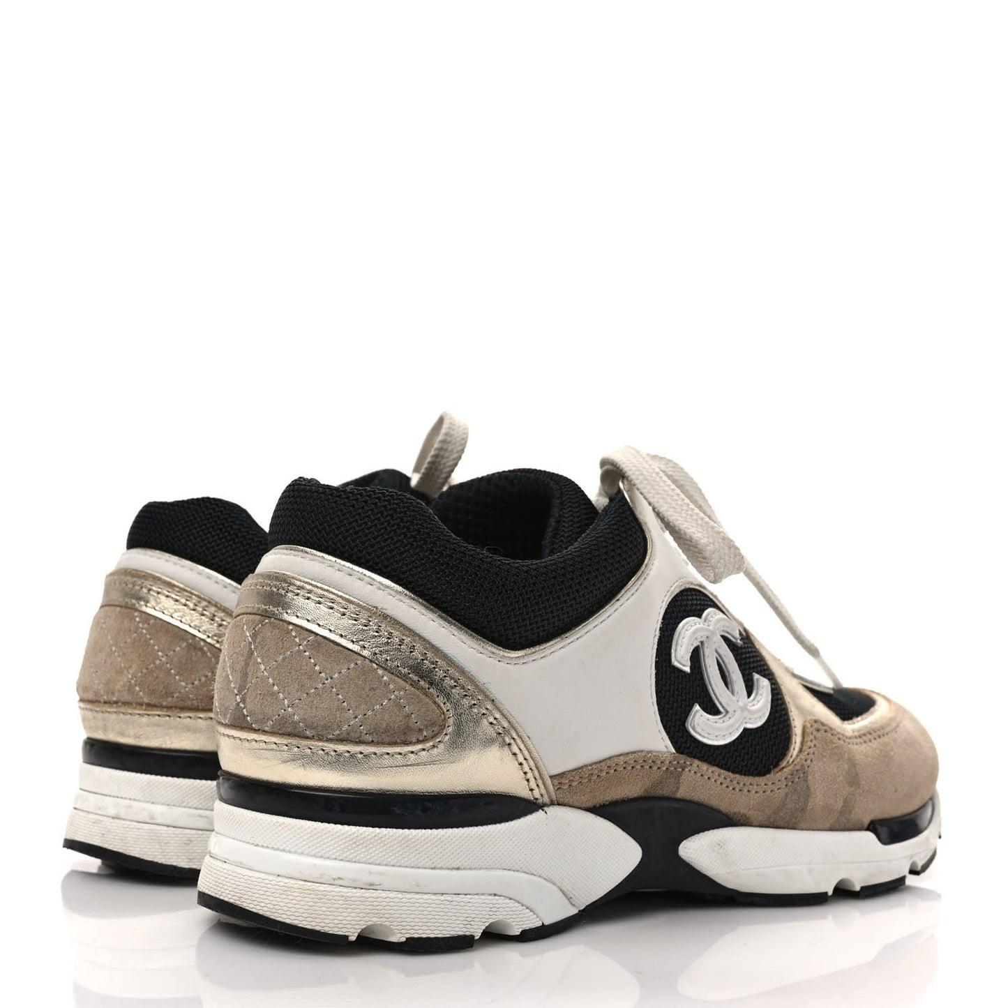 Mesh Suede Calfskin Womens CC Sneakers 38.5 White Black Beige Gold
