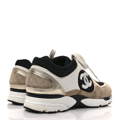Chanel Mesh Suede Calfskin Womens CC Sneakers 38.5 White Black Beige Gold 4 of 11