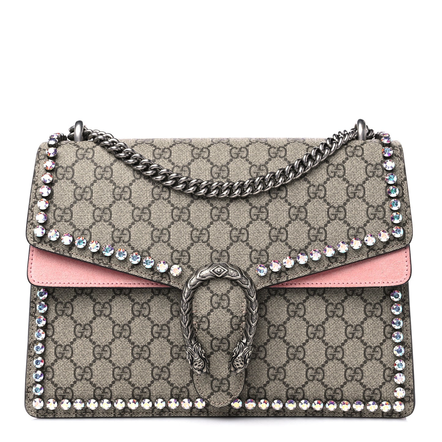GG Supreme Monogram Suede Crystal Medium Dionysus Shoulder Bag Beige Ebony Light Peonia