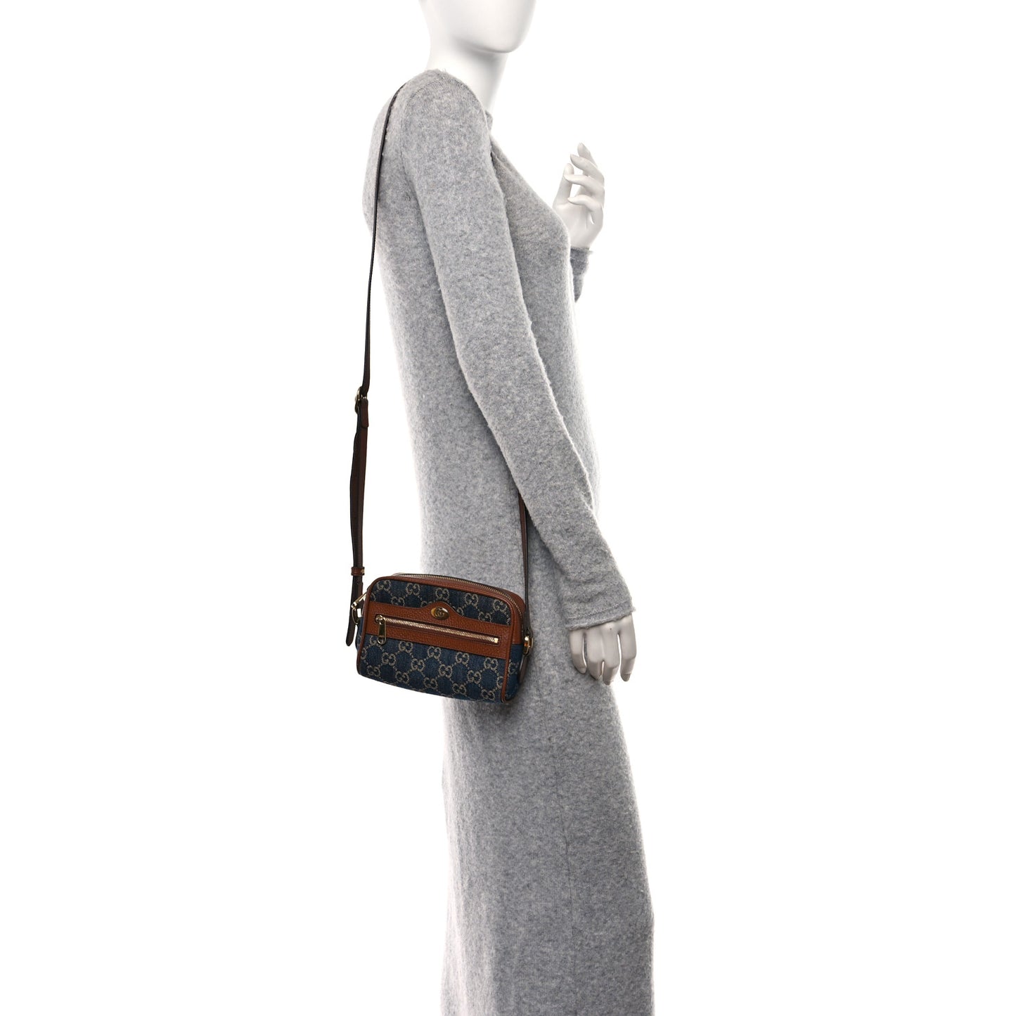 New Denim GG Monogram Dollar Calfskin Mini Ophidia Shoulder Bag Blue Tea Cuir Epilog