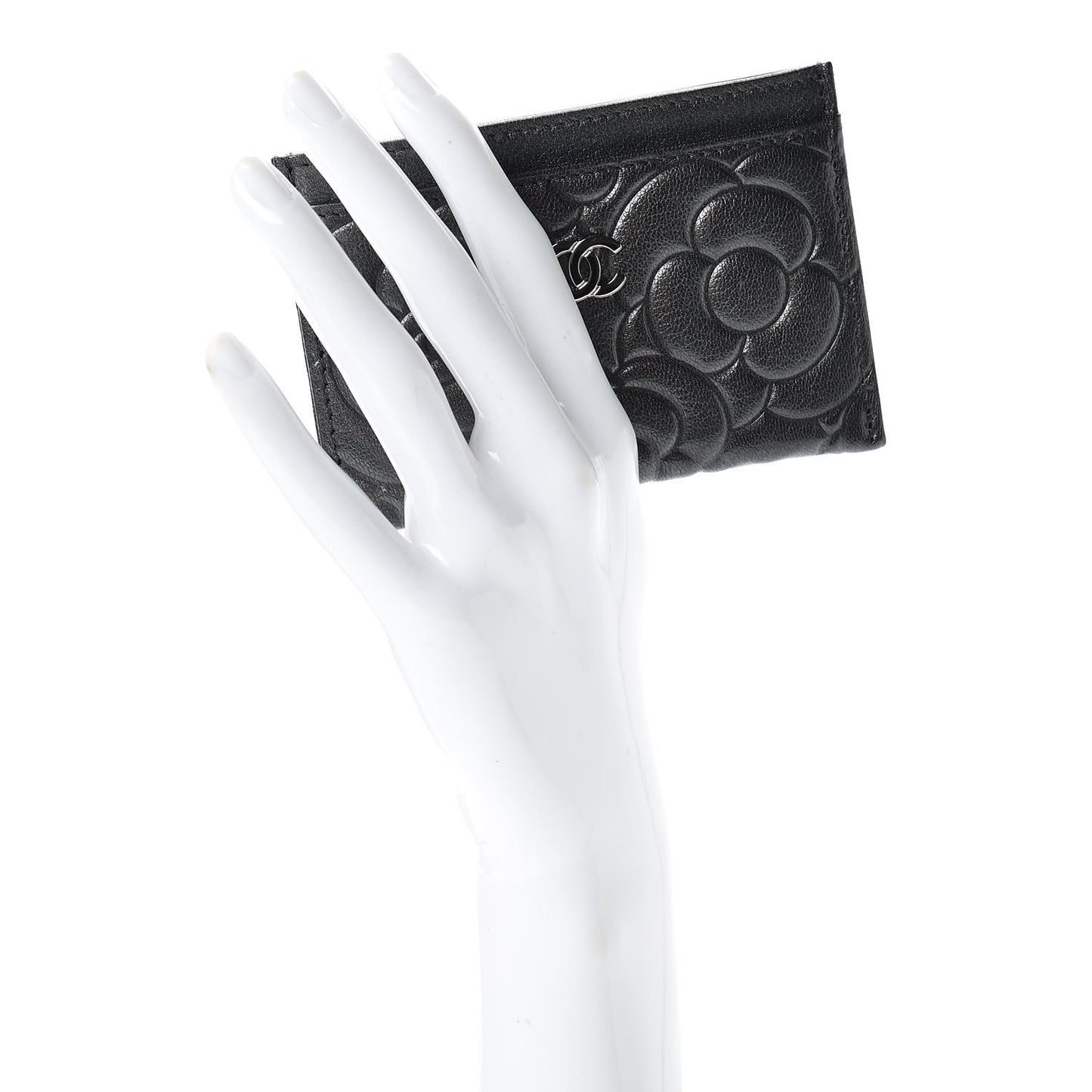 Goatskin Camellia Embossed Card Holder Anthracite
