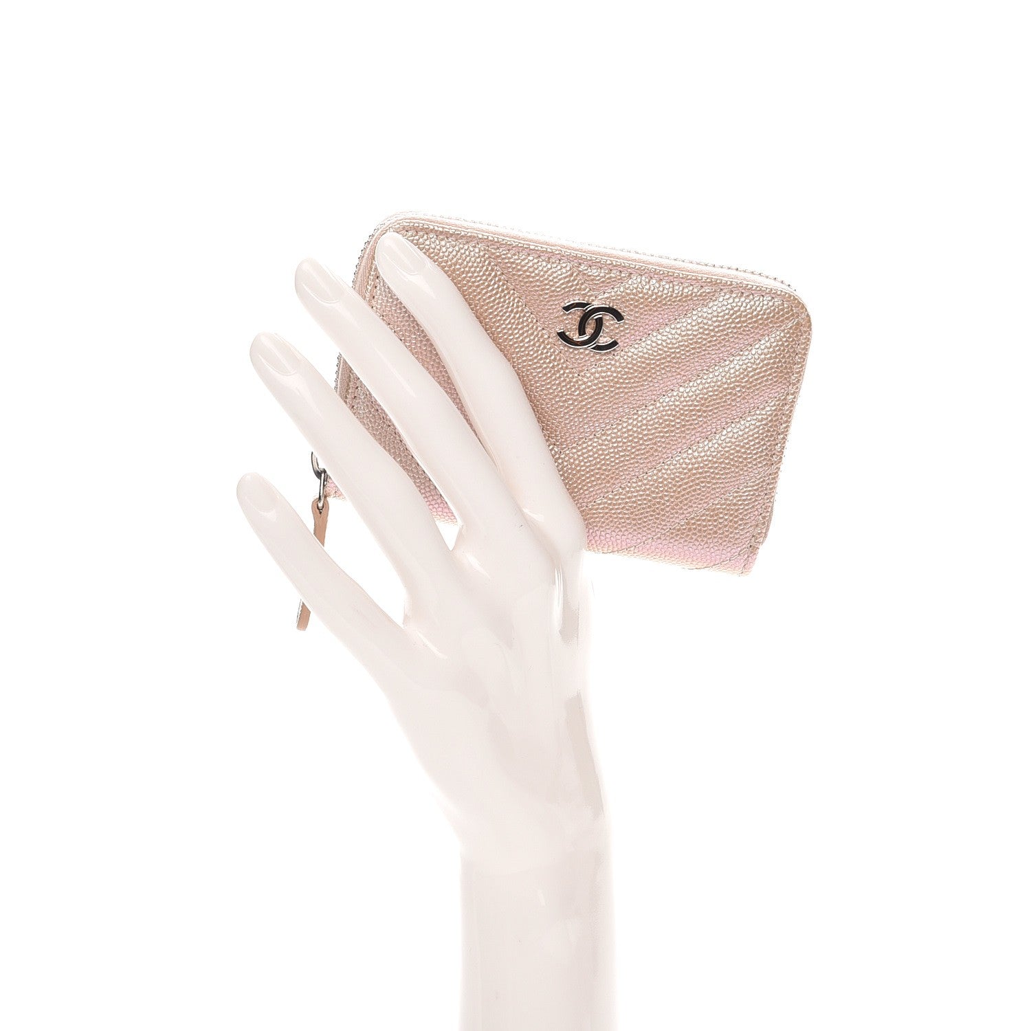 Chanel Metallic Caviar Chevron Quilted Zip Around Coin Purse Light Gold 2 of 8