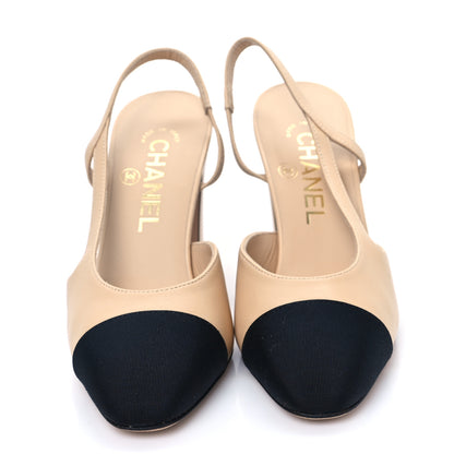 Chanel Lambskin Grosgrain Cap Toe CC Slingback Pumps 35 Beige Black 2 of 10