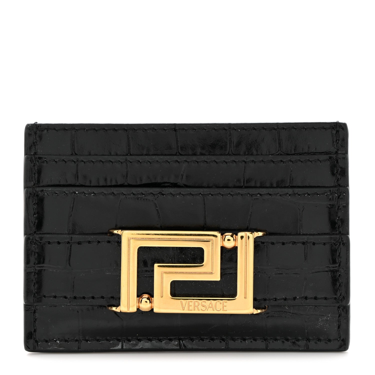Versace Calfskin Crocodile Embossed Greco Goddess Card Holder 1 of 7