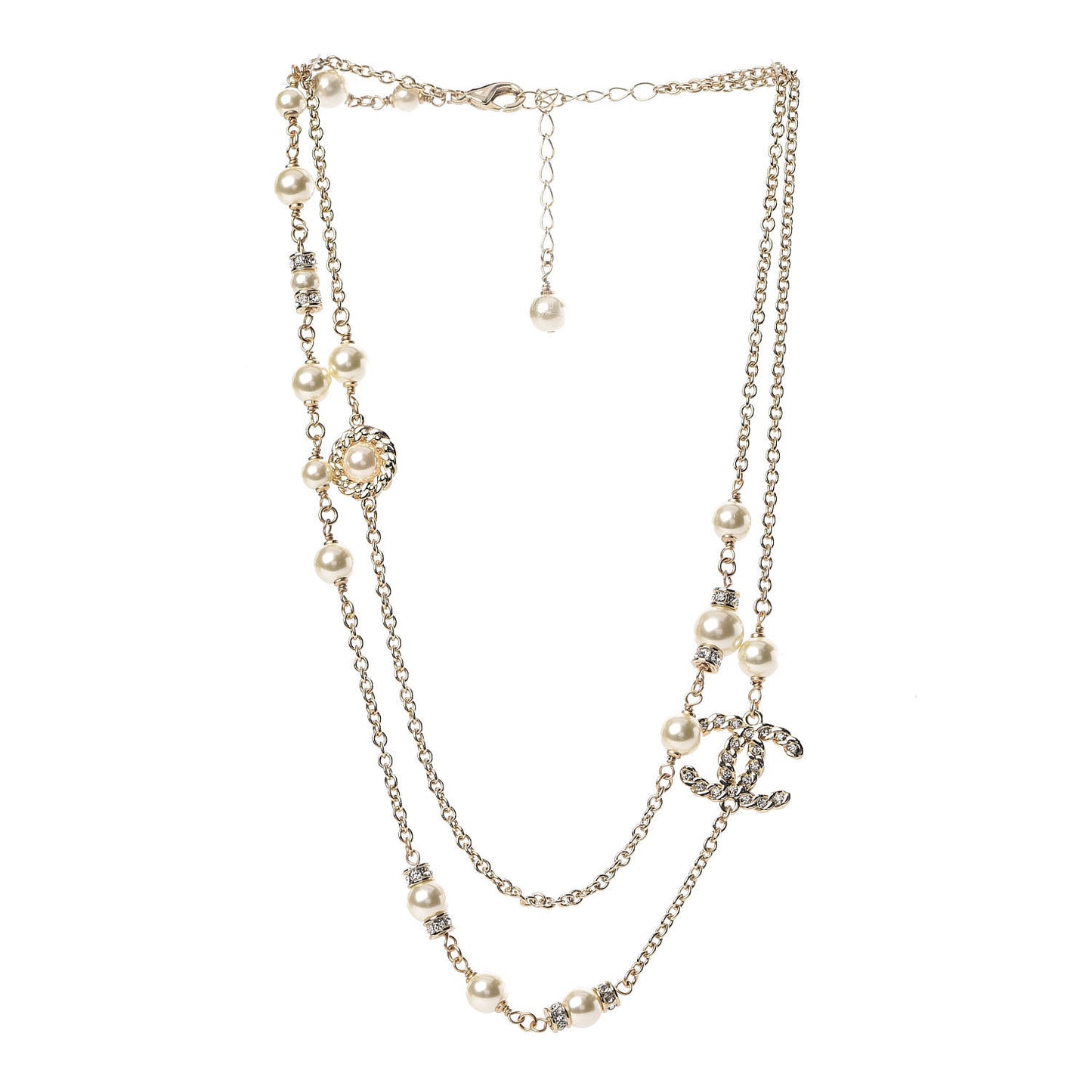 Pearl Crystal CC Double Chain Necklace Gold