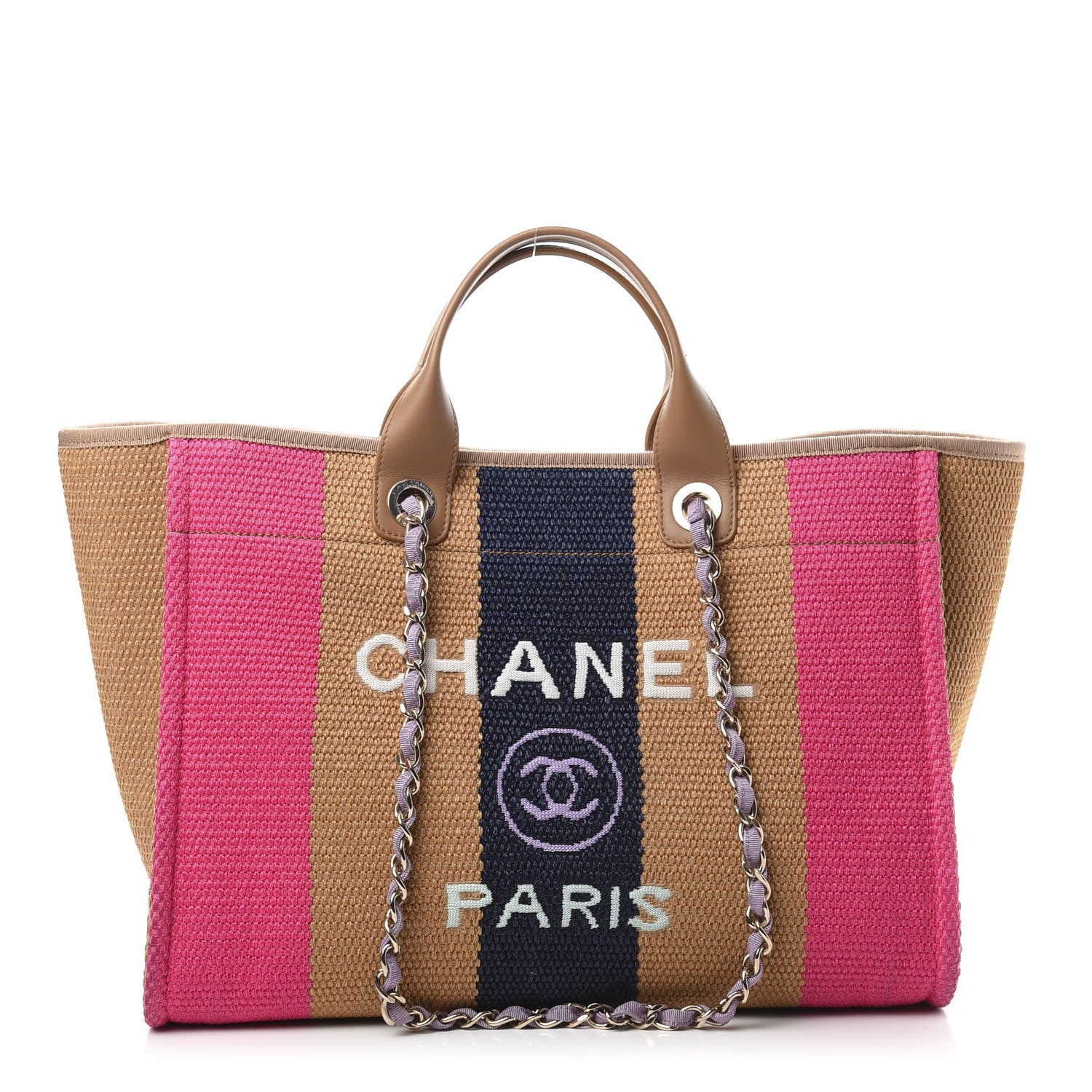 Chanel Straw Raffia Calfskin Striped Medium Deauville Tote Dark Beige Fuchsia Navy Blue 1 of 12