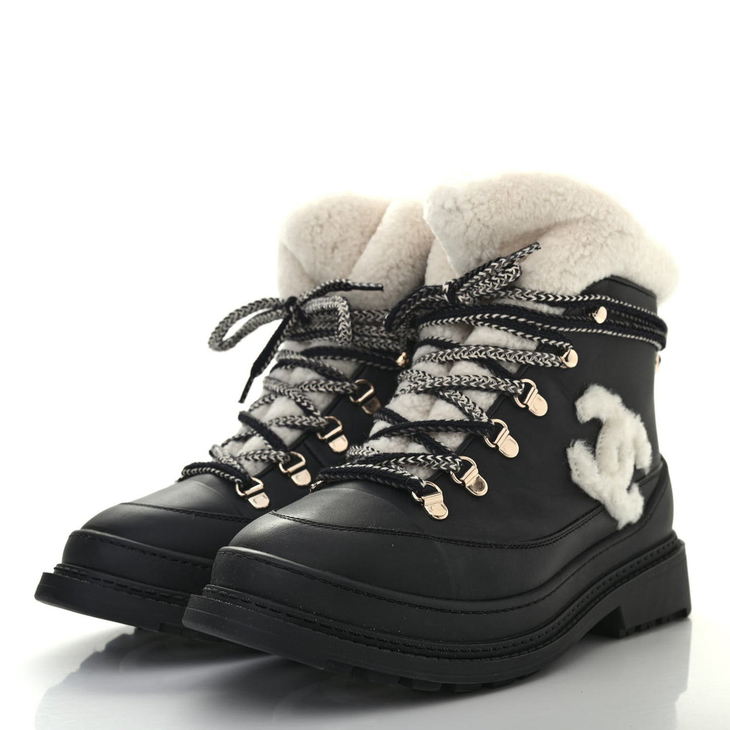 Calfskin Shearling CC Lace Up Boots 39 Black White
