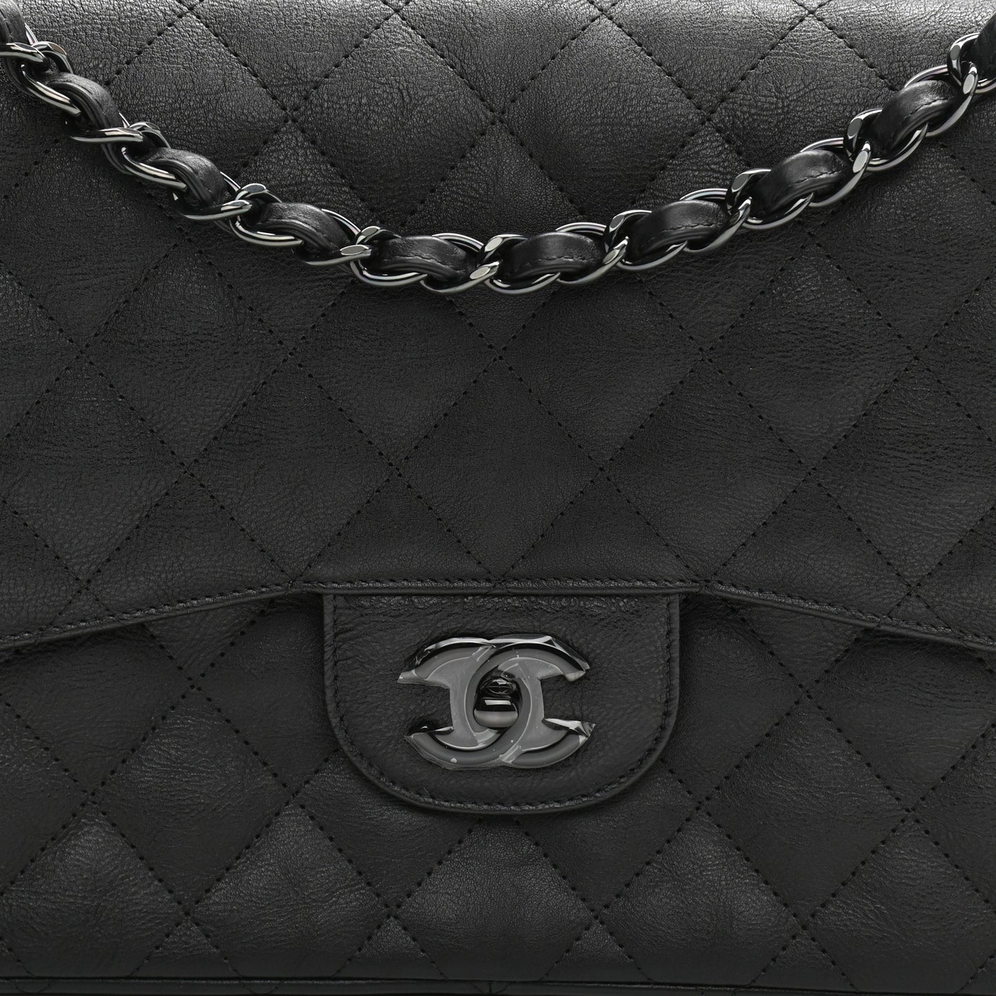 Crumpled Calfskin Quilted Jumbo Double Flap So Black