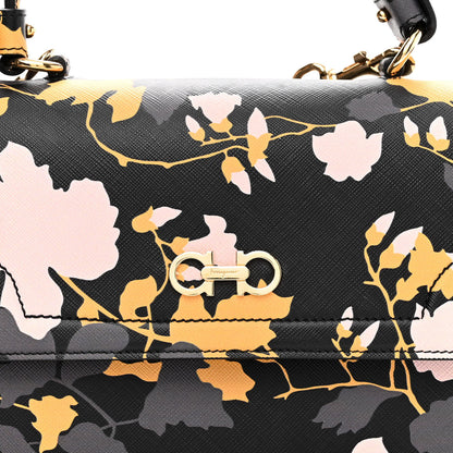 Salvatore Ferragamo Hammered Calfskin Floral Printed Seila Top Handle Crossbody Bag Black Multicolor 7 of 9