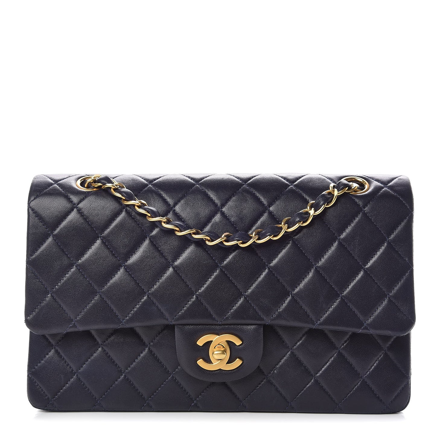 Lambskin Quilted Medium Double Flap Navy