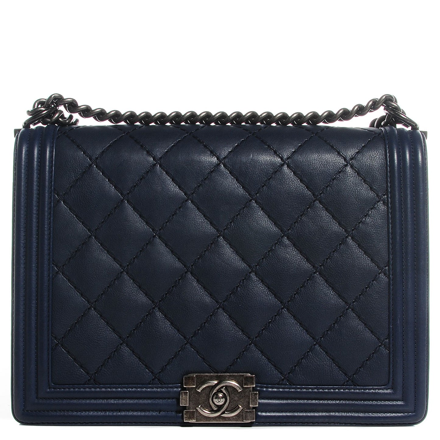Calfskin Quilted Large Boy Flap Navy